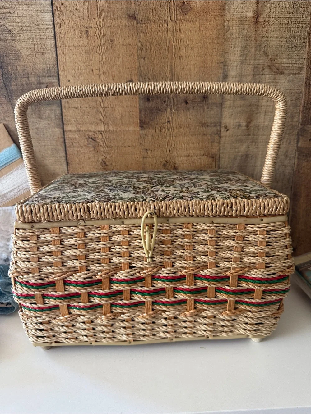 Vintage Wicker & Tapestry Sewing Basket with Assorted Sewing Notions